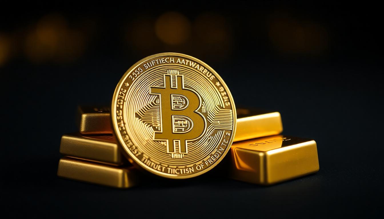 Macro close-up of a physical Bitcoin coin leaning against stacked gold bars
