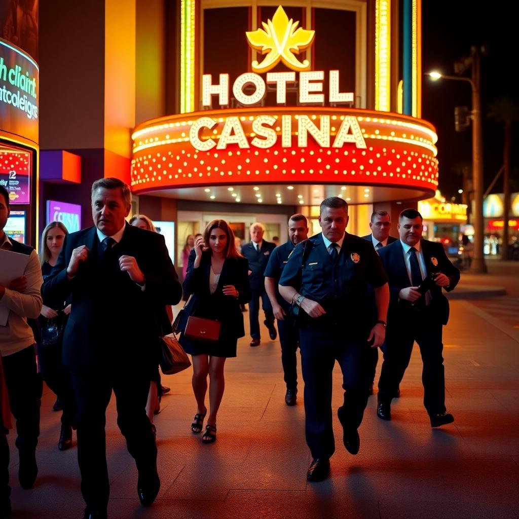 Shocked casino guests and staff being escorted by police at neon-lit casino exterior