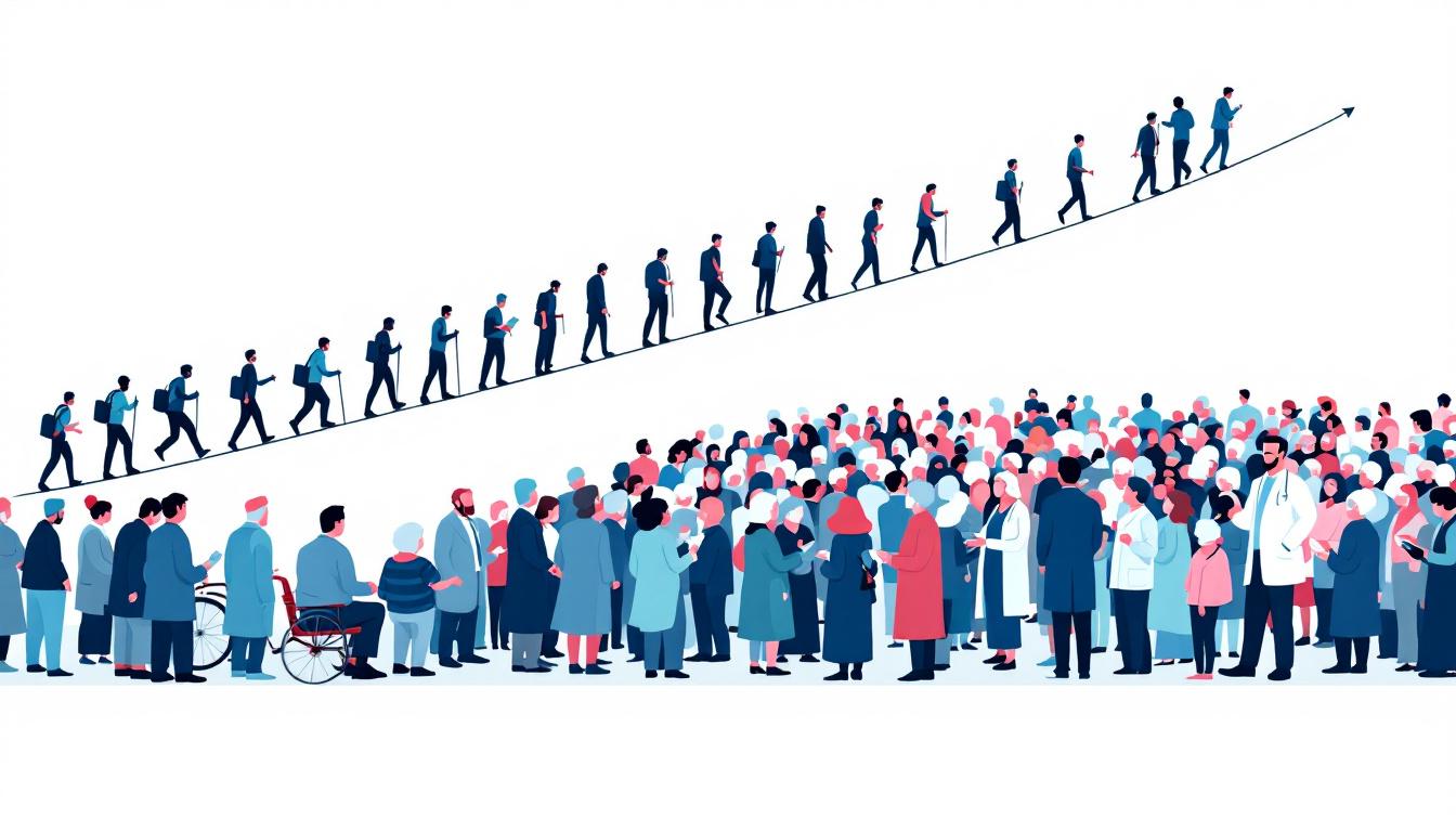 The Nearing Crisis of Demographics: Humanity at a Crossroads 3 Inside Image 2: A graph-like scene illustrating a shrinking line of young workers moving upward while a crowd of elderly gathers and is supported by healthcare professionals, showing the strain on the workforce and support systems.