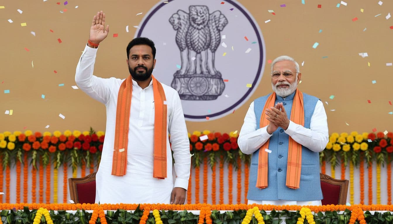 Shubhendu Adhikari in saffron gamcha stands beside PM Modi on stage at West Bengal swearing-in in festive setting.
