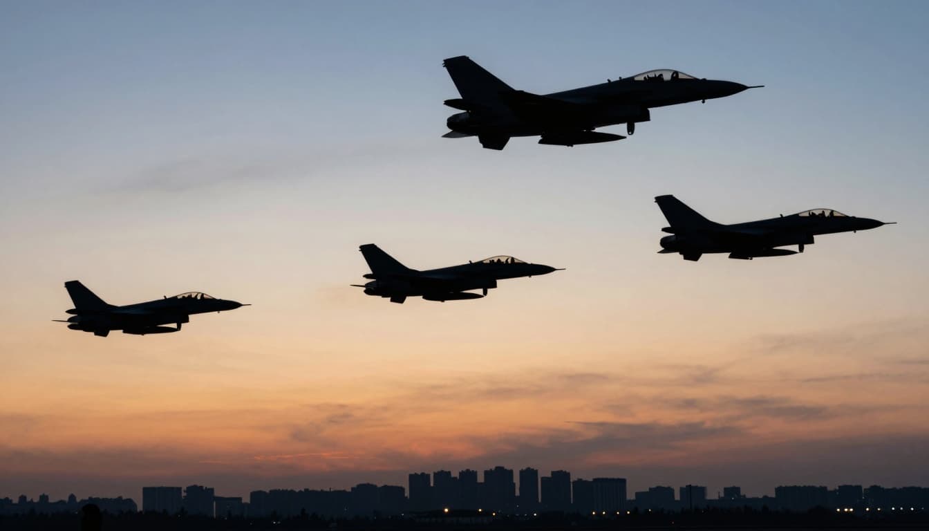 Silhouettes of fighter jets at sunset above a city skyline