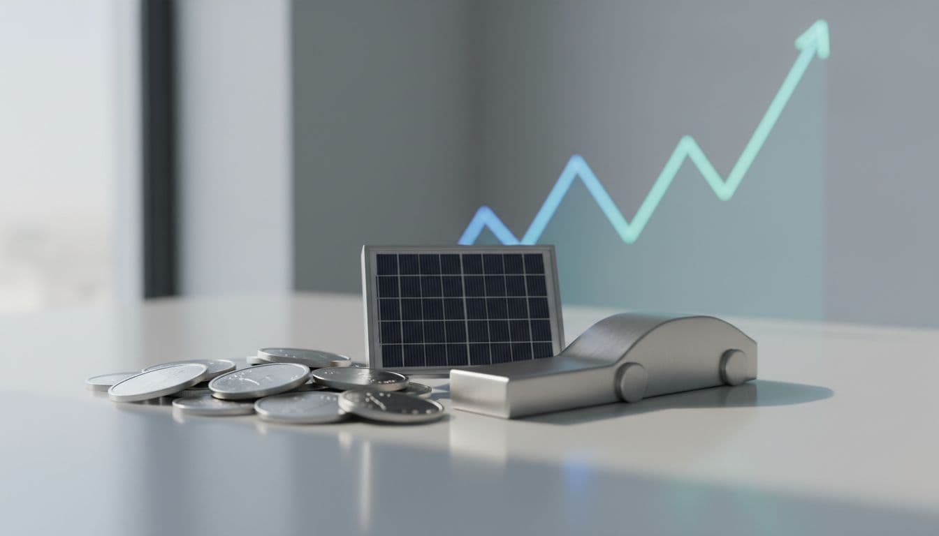 Silver coins and bar beside a small solar panel and an electric vehicle symbol