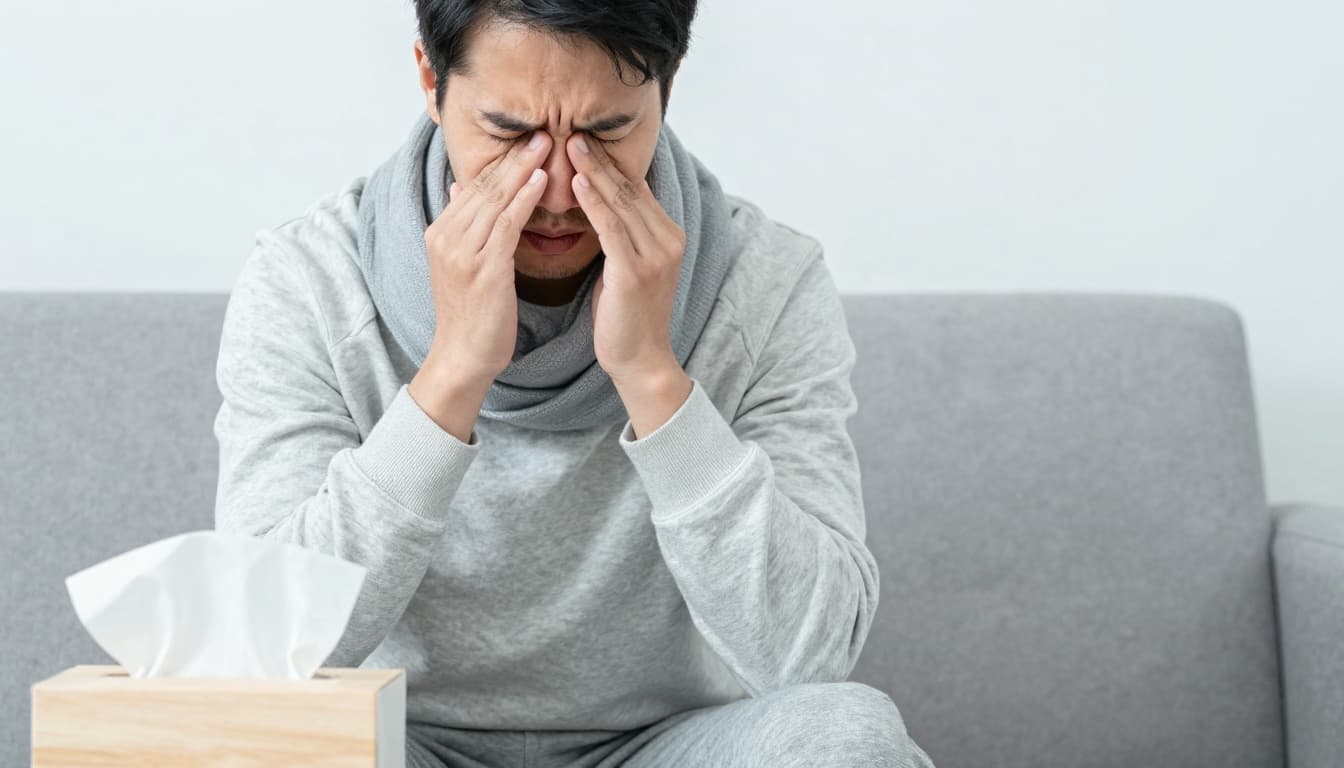 Person sitting on a couch holding their face and sinuses in discomfort