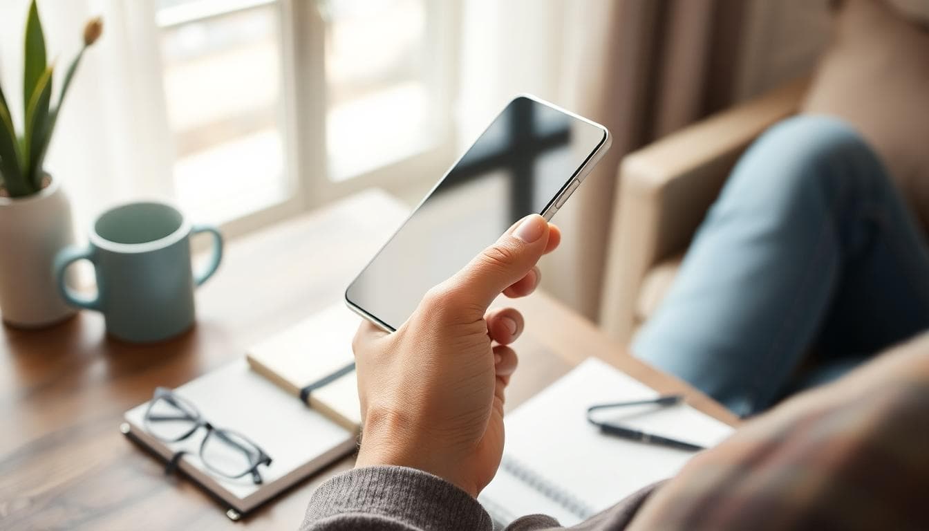 Lifestyle shot showing a slim smartphone held above a coffee table