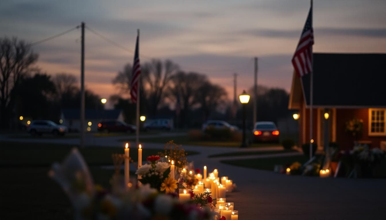 Small-town candlelight vigil at dusk with flowers and flags at half-staff