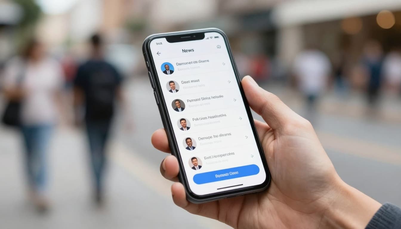 A smartphone showing a generic news notification interface in a busy street setting