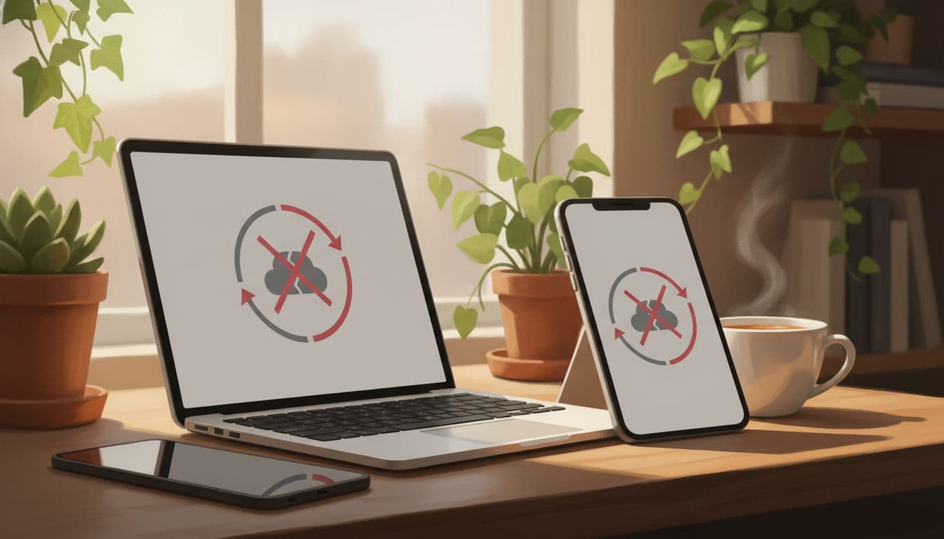 Laptop and smartphone showing cloud sync failure icons in a home office