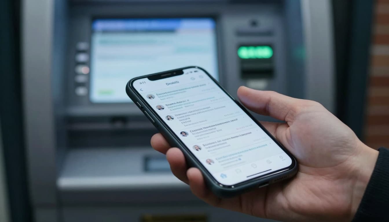 Smartphone receiving scam calls and texts with a crypto ATM blurred in the background