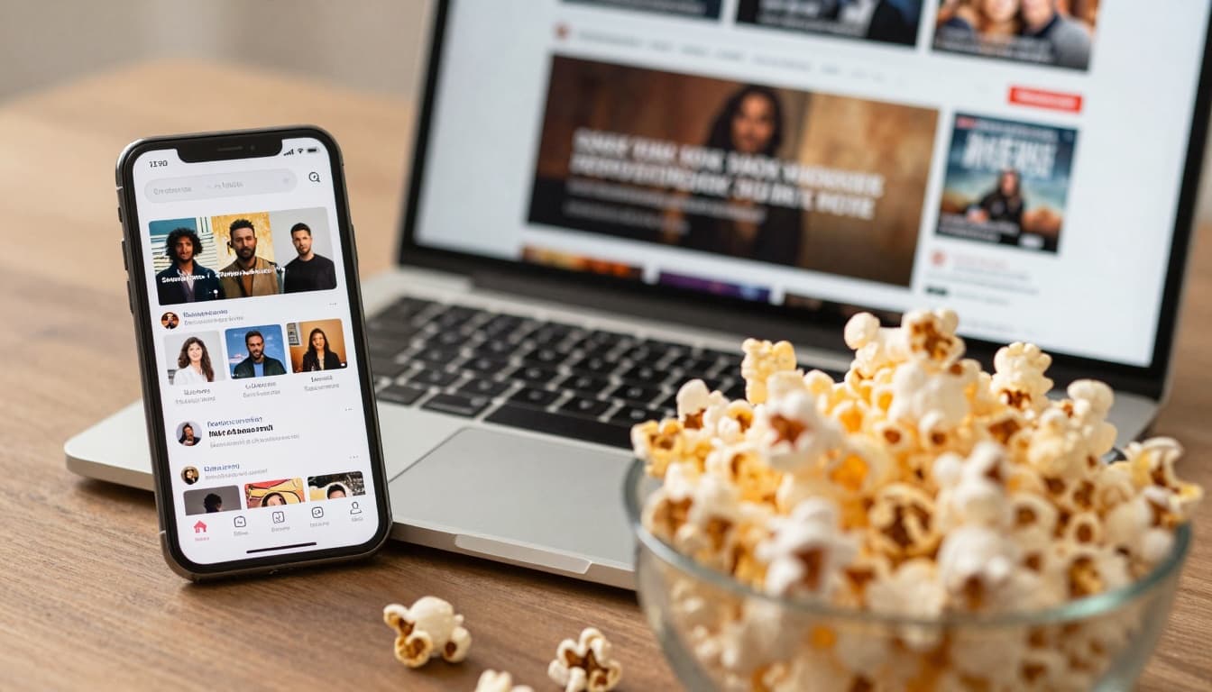 Smartphone showing a generic social feed next to a laptop with an entertainment news webpage and popcorn