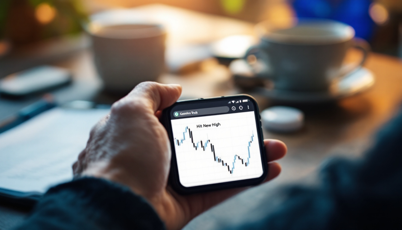 Smartphone showing a stock chart hitting a new high on a desk with coffee and notepad