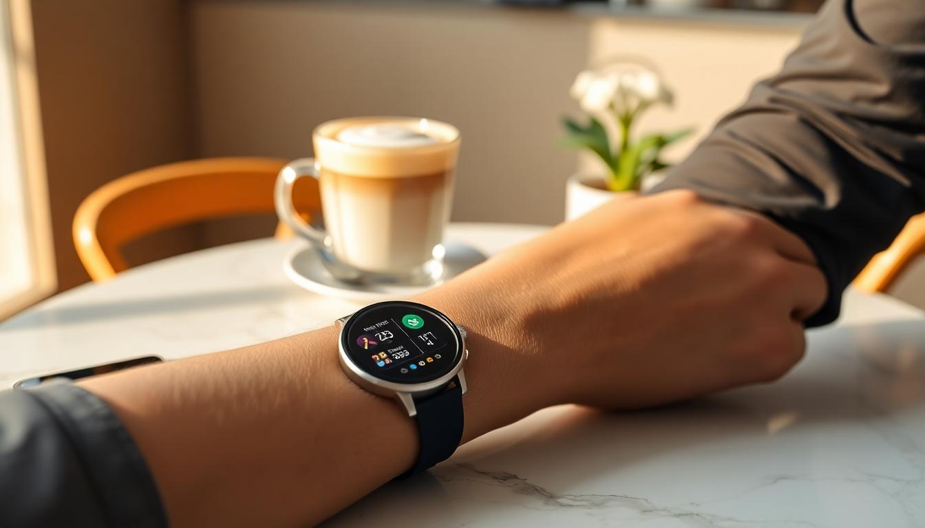 Smartwatch showing health metrics next to a thin smartphone in a cafe