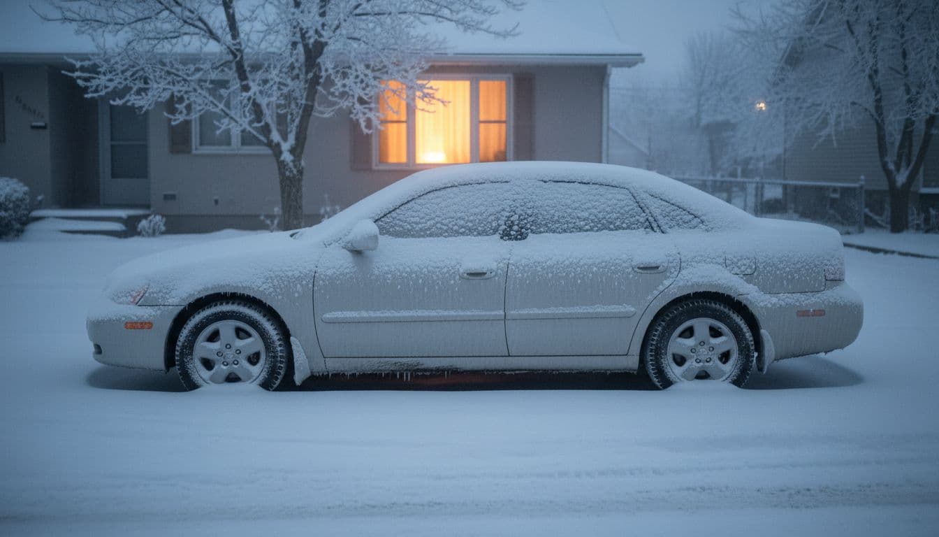 Car covered in snow and ice during extreme cold warning