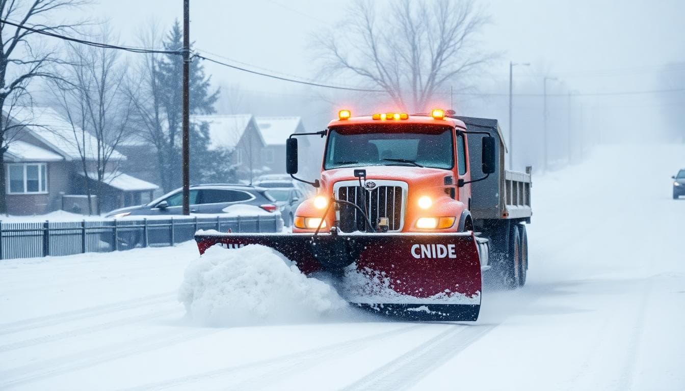 Snowplow truck clearing a snow-covered road in a Midwestern town during heavy snow