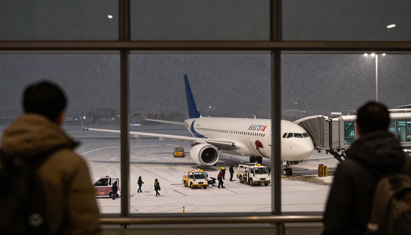 Snow-covered airport runway with a plane and ground vehicles during light snowfall
