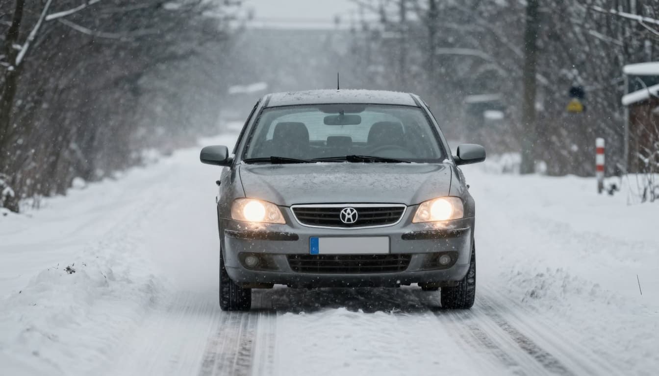 Car driving carefully on a snowy road with low visibility