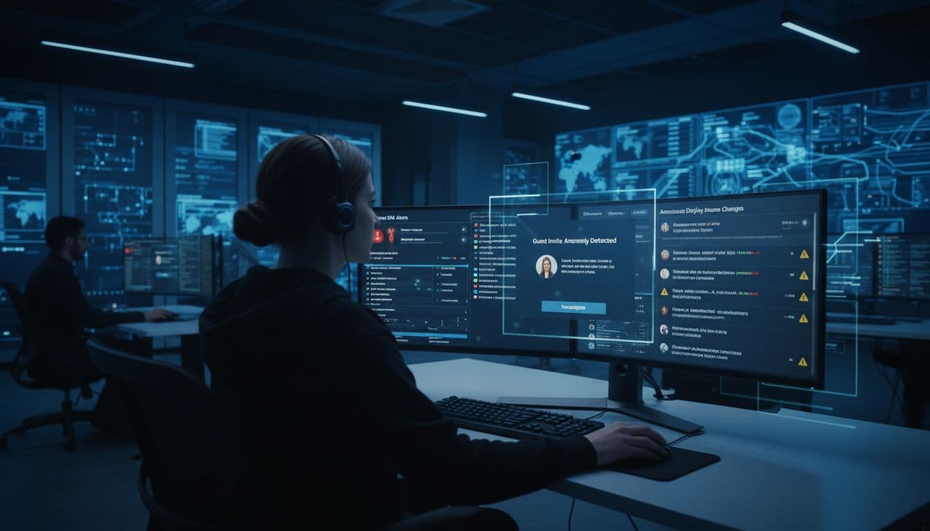 Security operations analyst monitoring collaboration platform alerts