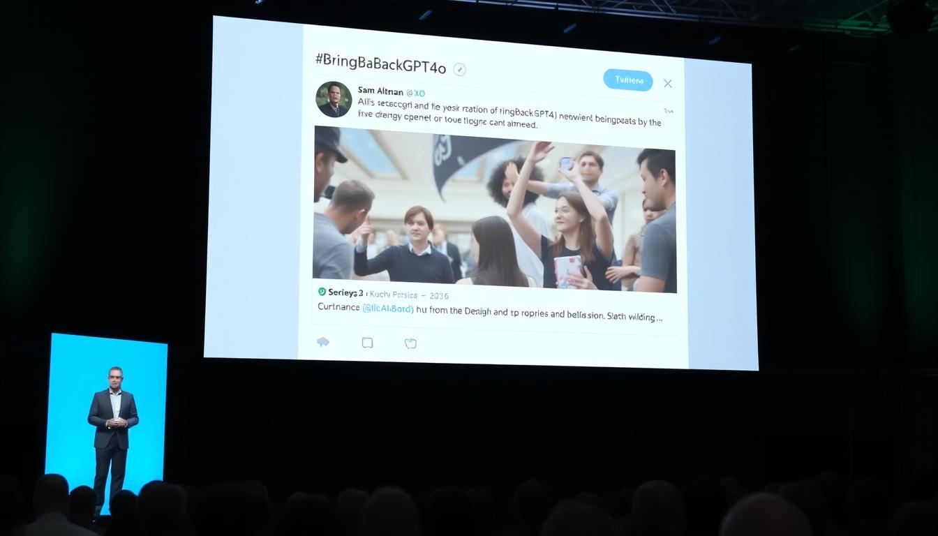 Social media feed on a large digital screen showing #BringBackGPT4o trending, Sam Altman replying on X/Twitter, mixture of user comments and news updates, infographic style