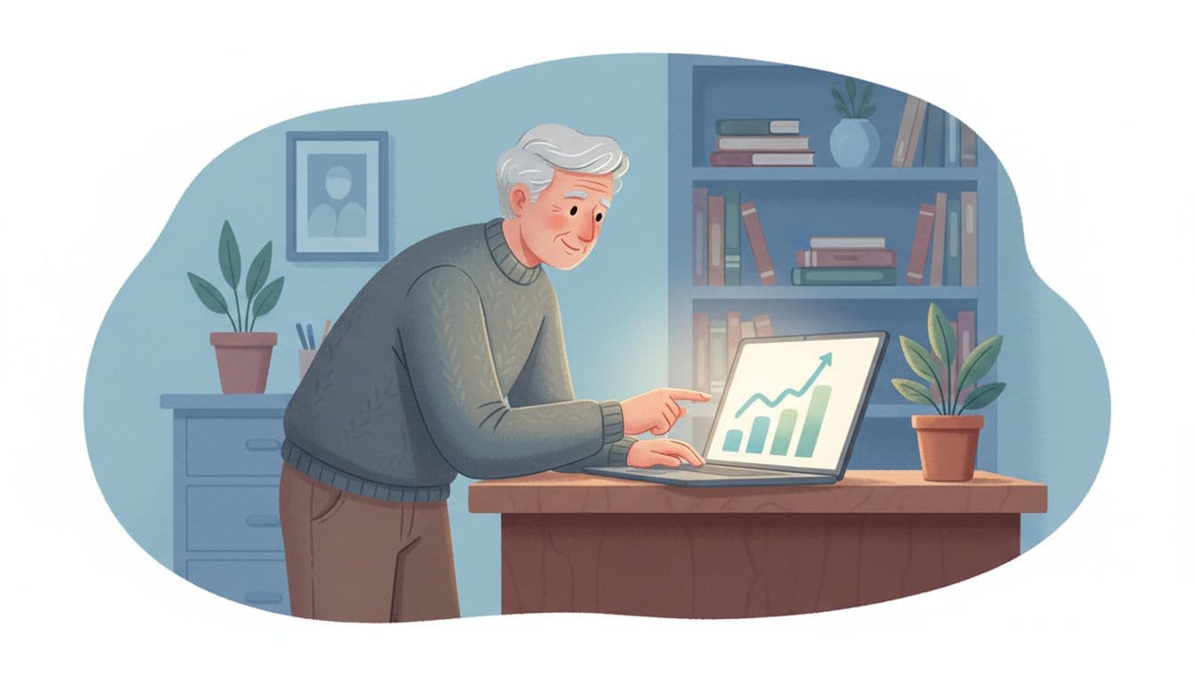 Senior pointing at rising Social Security COLA chart on a laptop