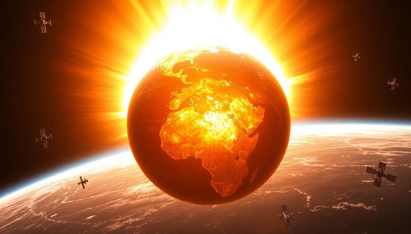 Solar flare from the Sun hitting Earth and affecting satellites