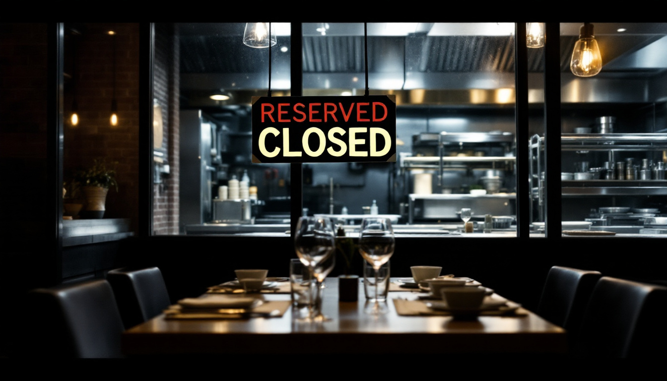 Dim dining room with a reserved table set and a Closed sign visible on the restaurant door