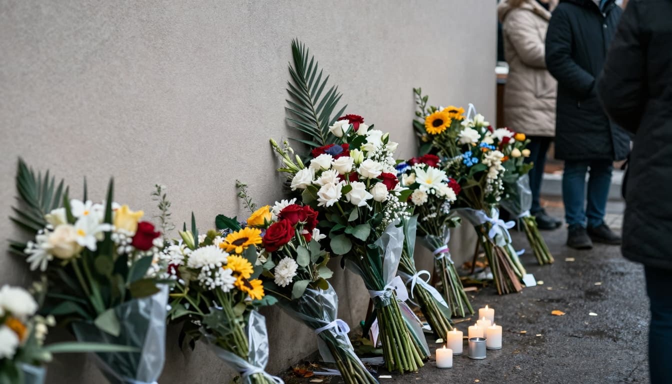 Flowers and candles arranged as a community memorial