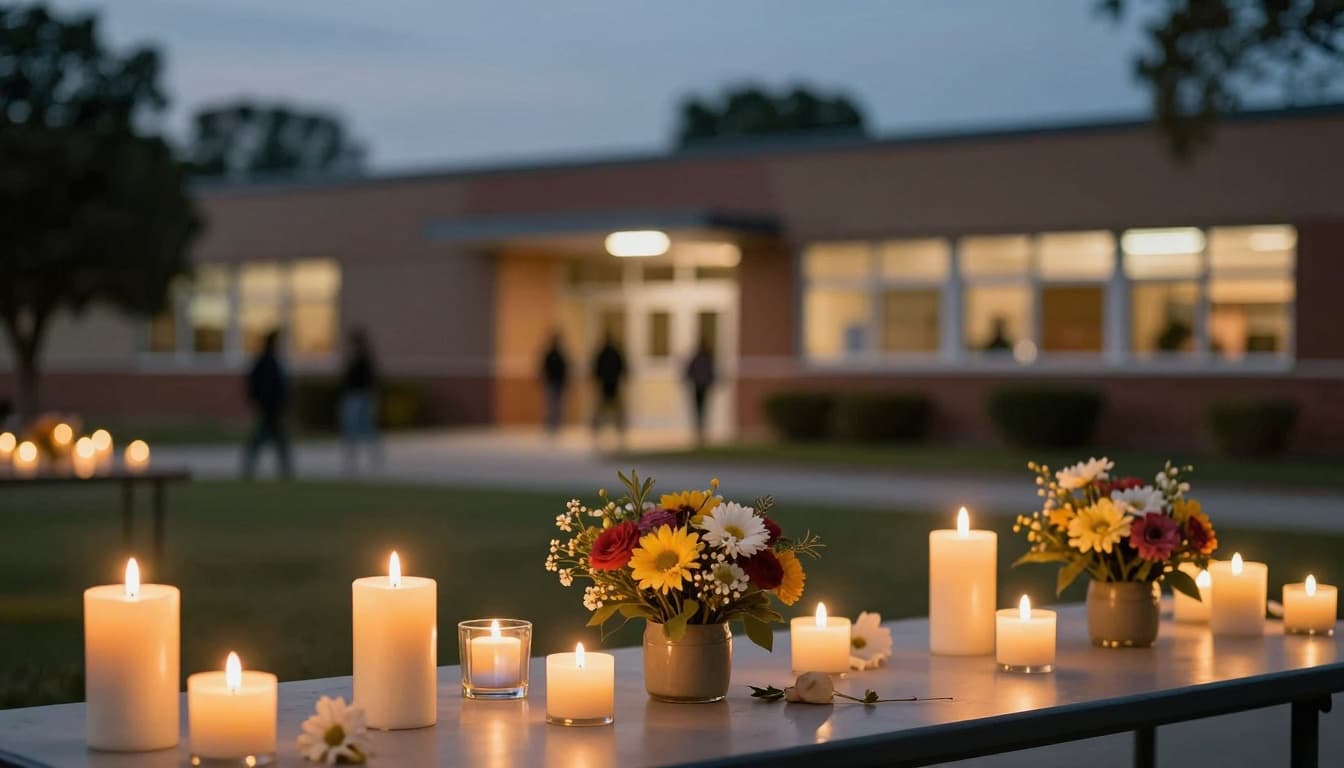 Candles and flowers memorial at dusk near a school