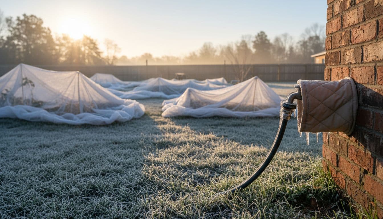 Backyard garden in South Carolina with frost cloth covering plants