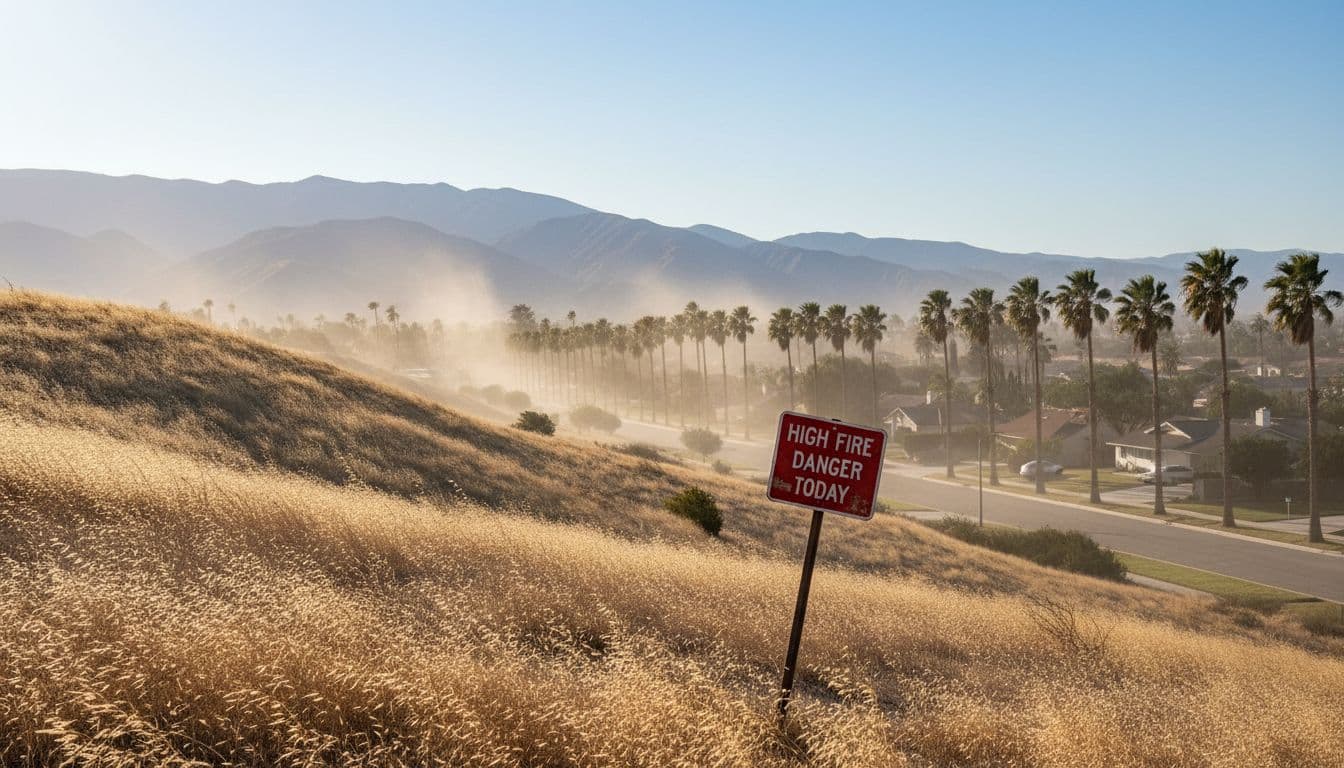 Dry hillside and palm-lined street under strong winds and heat in Southern California