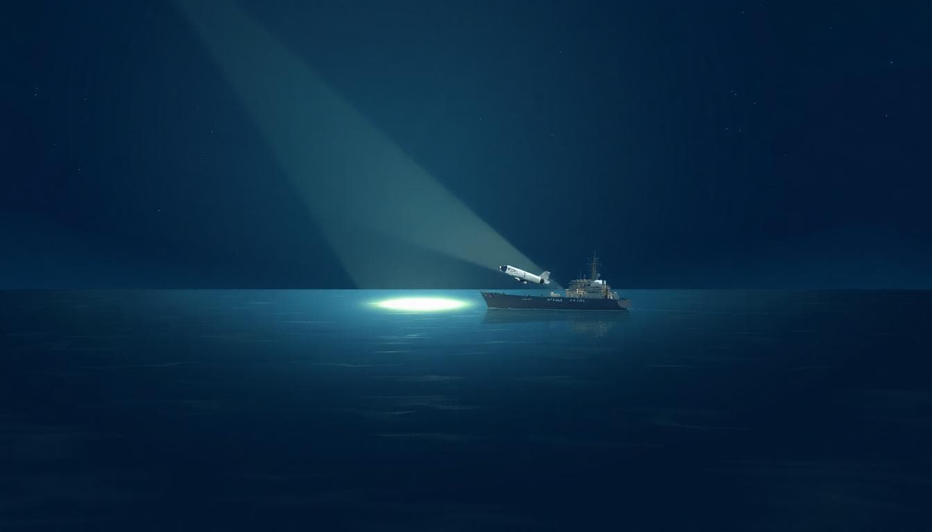 Illustration of a Falcon 9 booster landing on a droneship at sea at night