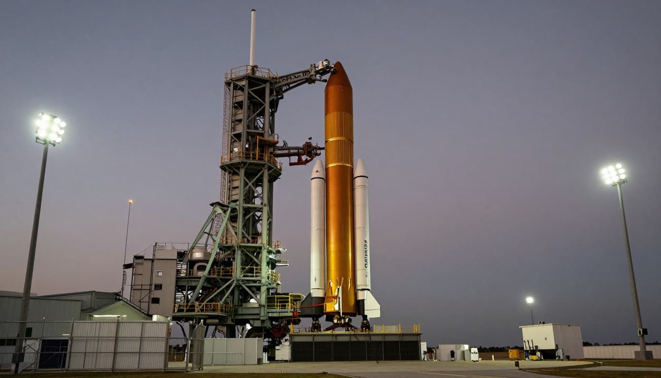 SpaceX-style rocket launch complex at dusk with lights and security fencing