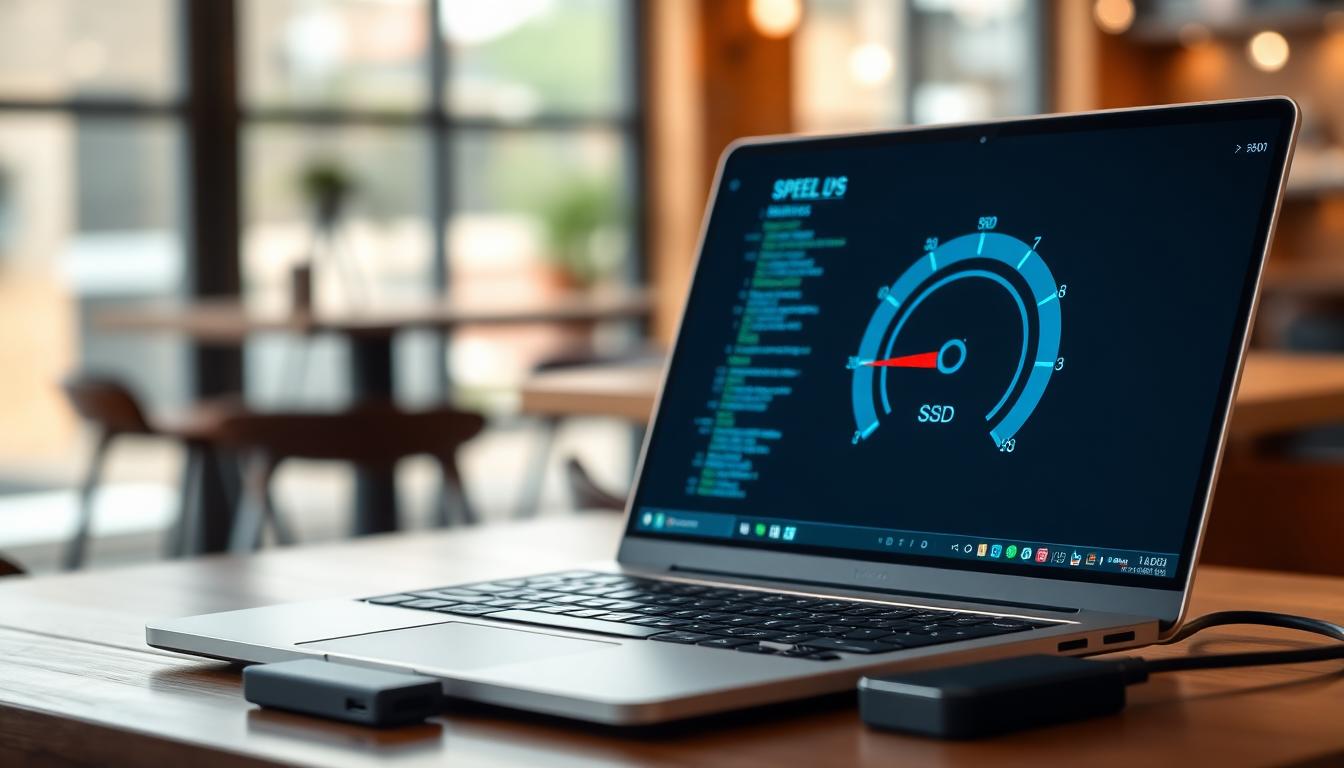 Laptop showing performance gauge and code for speed optimization