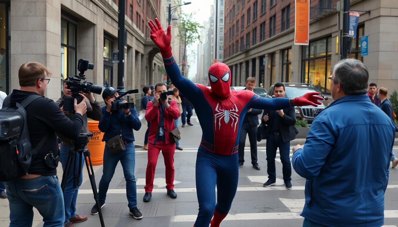 Spider-Man: Brand New Day—Mark Ruffalo and Tom Holland Team Up for a Classic MCU Adventure 2 Film crew sets up a Spider-Man fight scene on real city streets, with stunts and extras