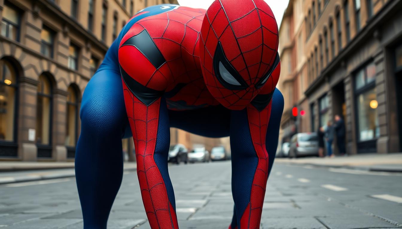Close-up of the new Spider-Man suit on a film set street dressed as NYC