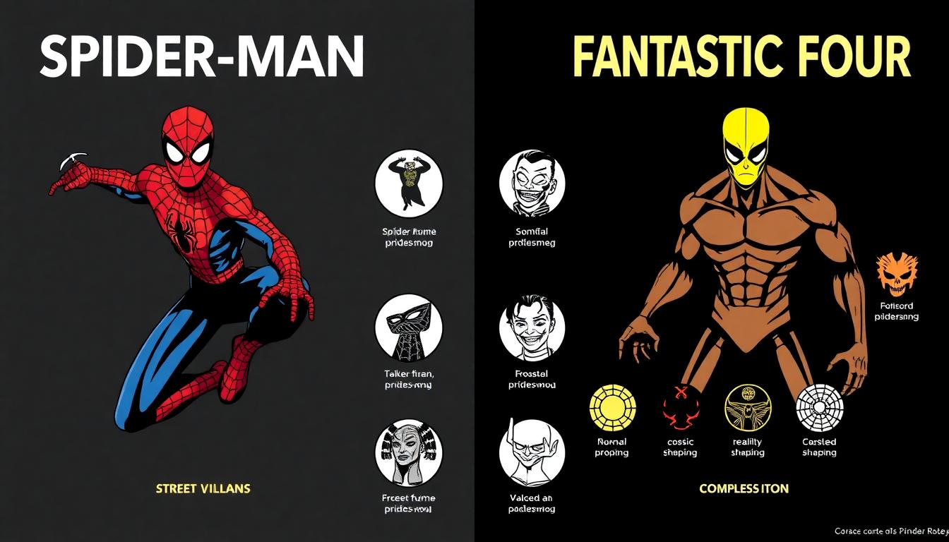 Spider-Man’s Villains vs. The Fantastic Four’s Rogues Gallery: Why Impact Matters in Marve 3 Comparison infographic: Spider-Man villains on one side (street, animal-themed, bank robbers), Fantastic Four villains on other (cosmic, reality-shaping, complex)
