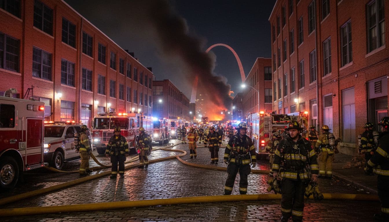 Fire trucks and emergency vehicles lined up near downtown warehouses at night