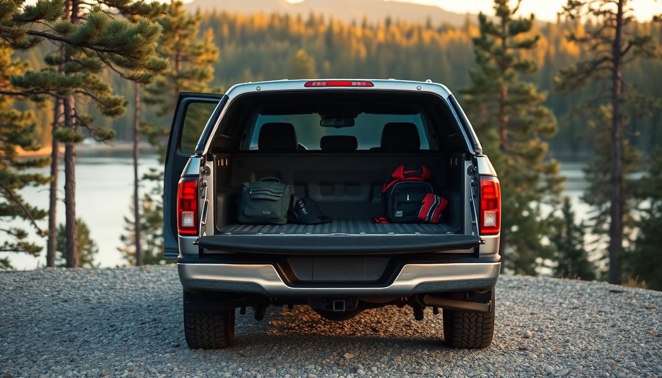 Stainless steel electric pickup with camping gear at a scenic overlook near a lake and pine forest