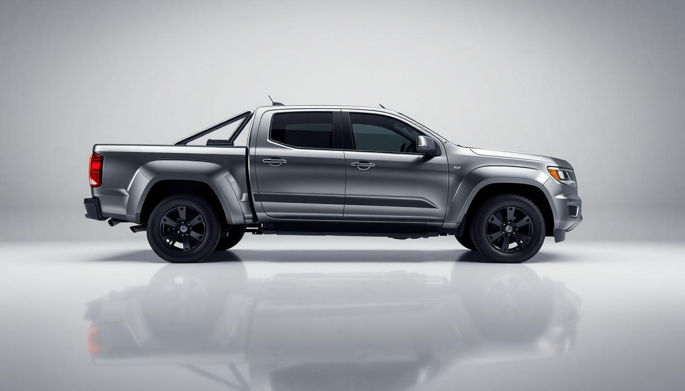 Studio side profile of a stainless-steel electric pickup highlighting geometric lines