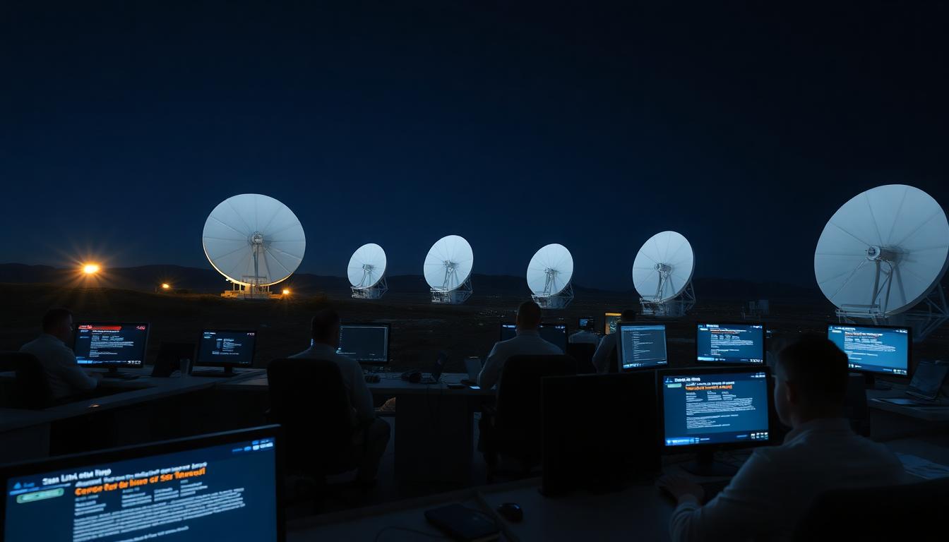 Starlink Outage Knocks Tens of Thousands Offline Worldwide 3 Starlink ground station at night, technicians troubleshooting outage