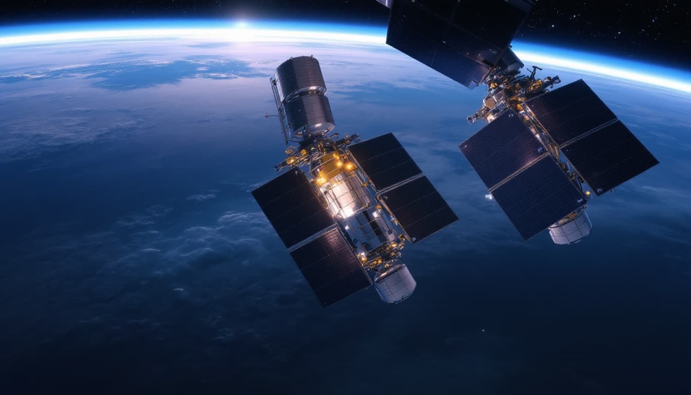 Render of Starlink satellites deploying in low Earth orbit with Earth limb in the background