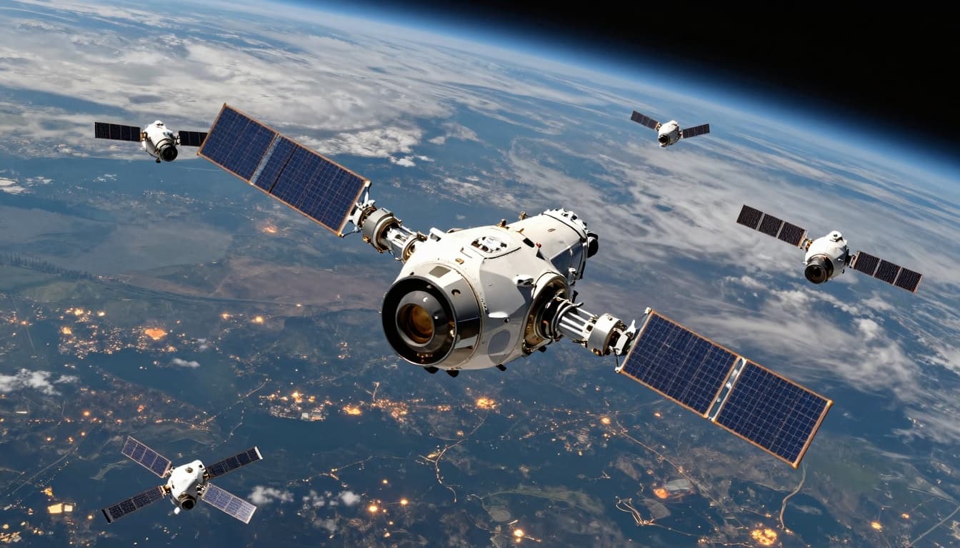 Array of Starlink-style satellites orbiting above Earth