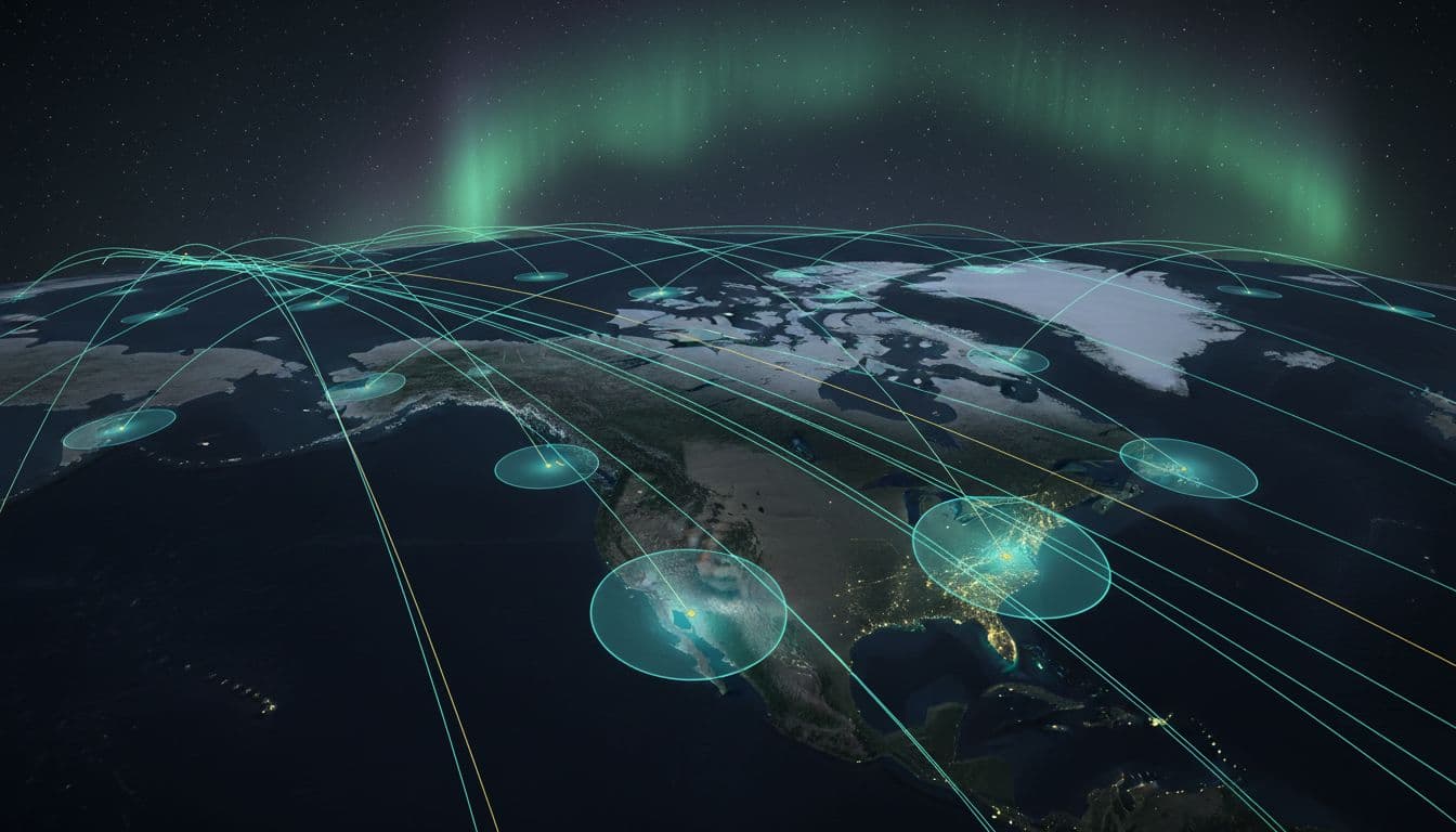 Stylized Starlink coverage and gateway map focused on the U.S. West Coast and higher latitudes