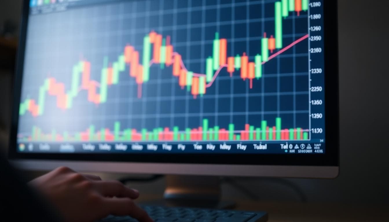 Close-up of a monitor with a stock market candlestick chart and hands on keyboard