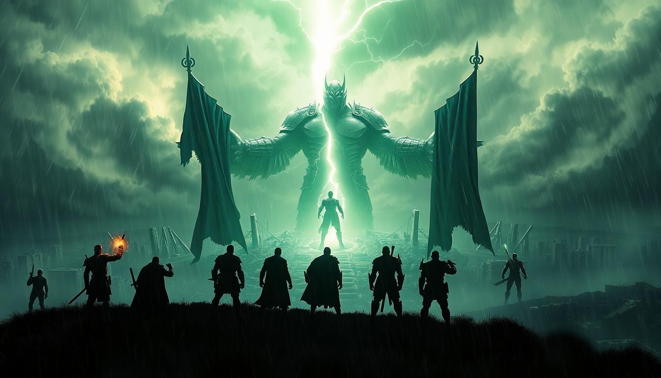 Avengers: Doomsday — What a Doctor Doom-Centered Synopsis Could Mean for the MCU 4 Silhouetted heroes facing a towering armored villain amid green lightning over a ruined city