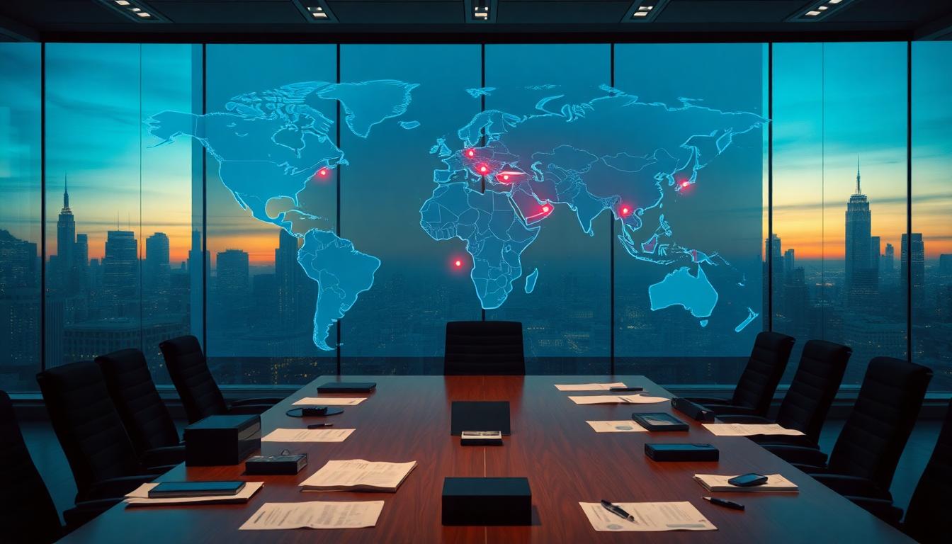 Avengers: Doomsday — What a Doctor Doom-Centered Synopsis Could Mean for the MCU 2 Heroes around a war room table studying a holographic world map with crisis hotspots