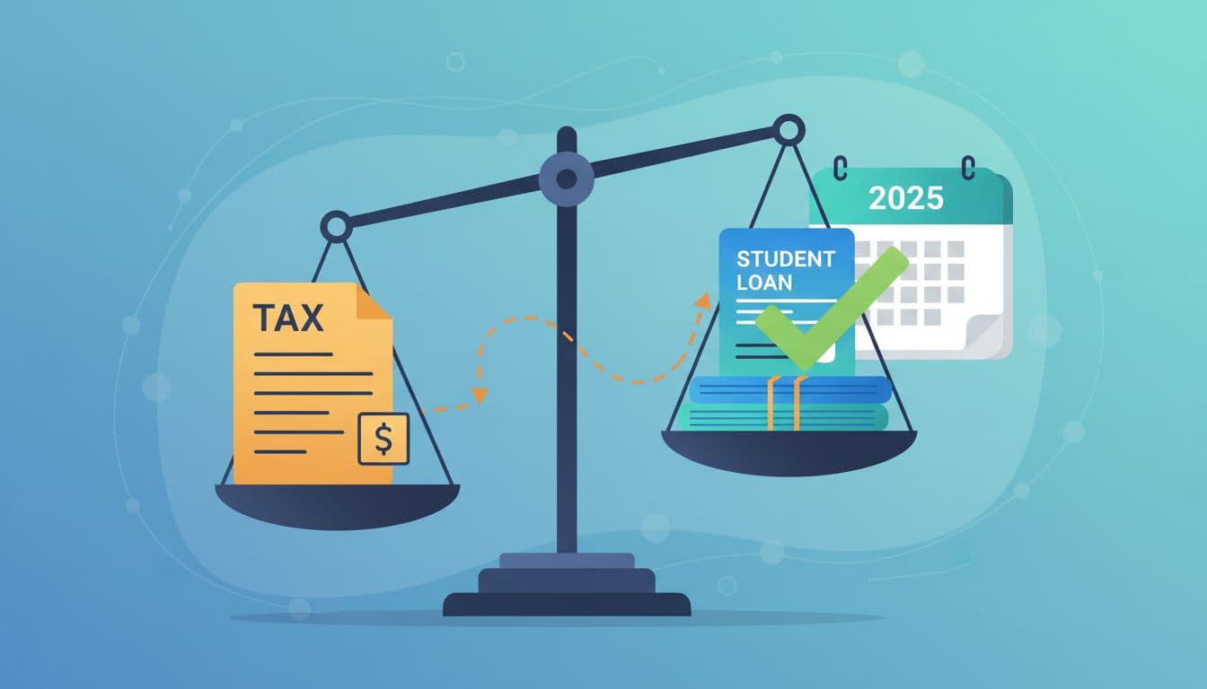 Illustration of taxes and forgiveness balancing with a calendar flipping from 2025 to 2026
