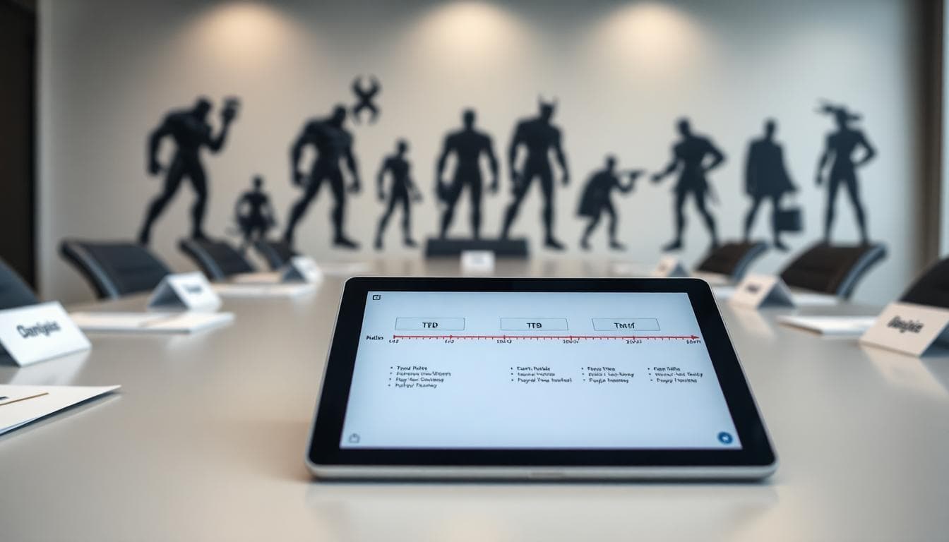 Studio strategy meeting table with tablet timeline and storyboards
