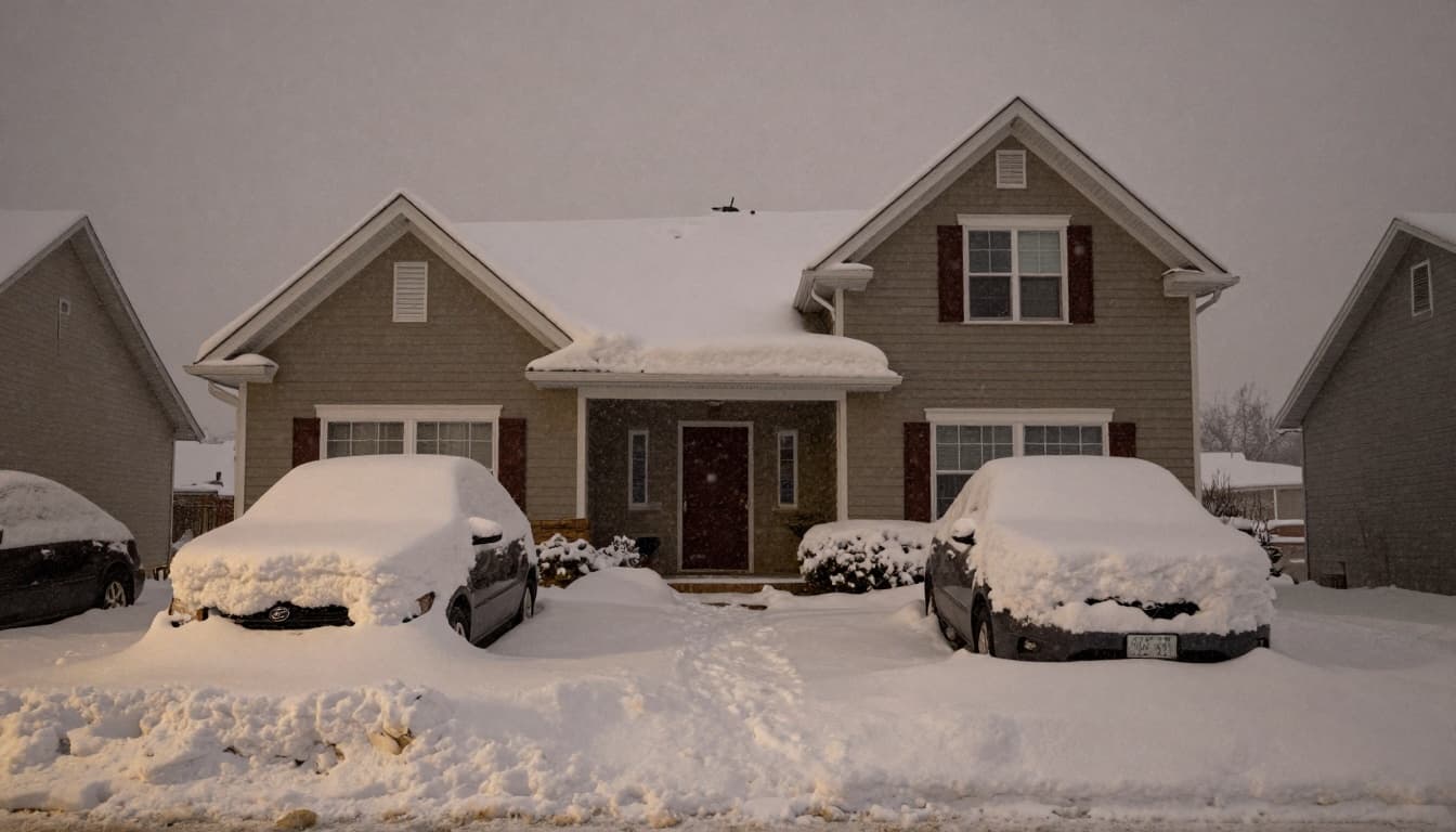 Suburban house and cars surrounded by deep snowdrifts after a winter storm