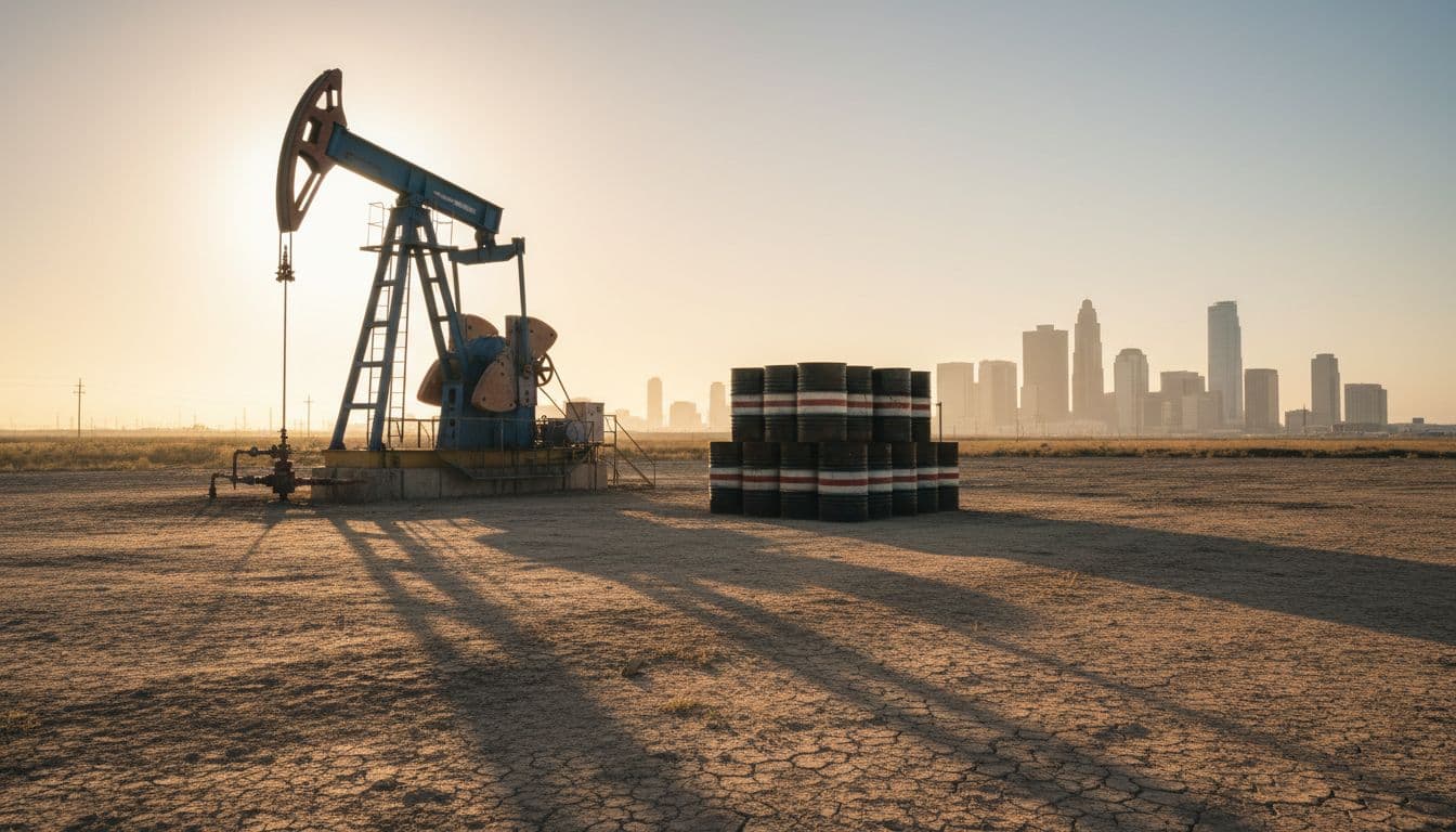 Trump’s Venezuela Oil Gamble: What It Could Mean for Energy, Sanctions, and Global Markets 3 Oil pumpjack at sunrise with stacked barrels and a distant city skyline