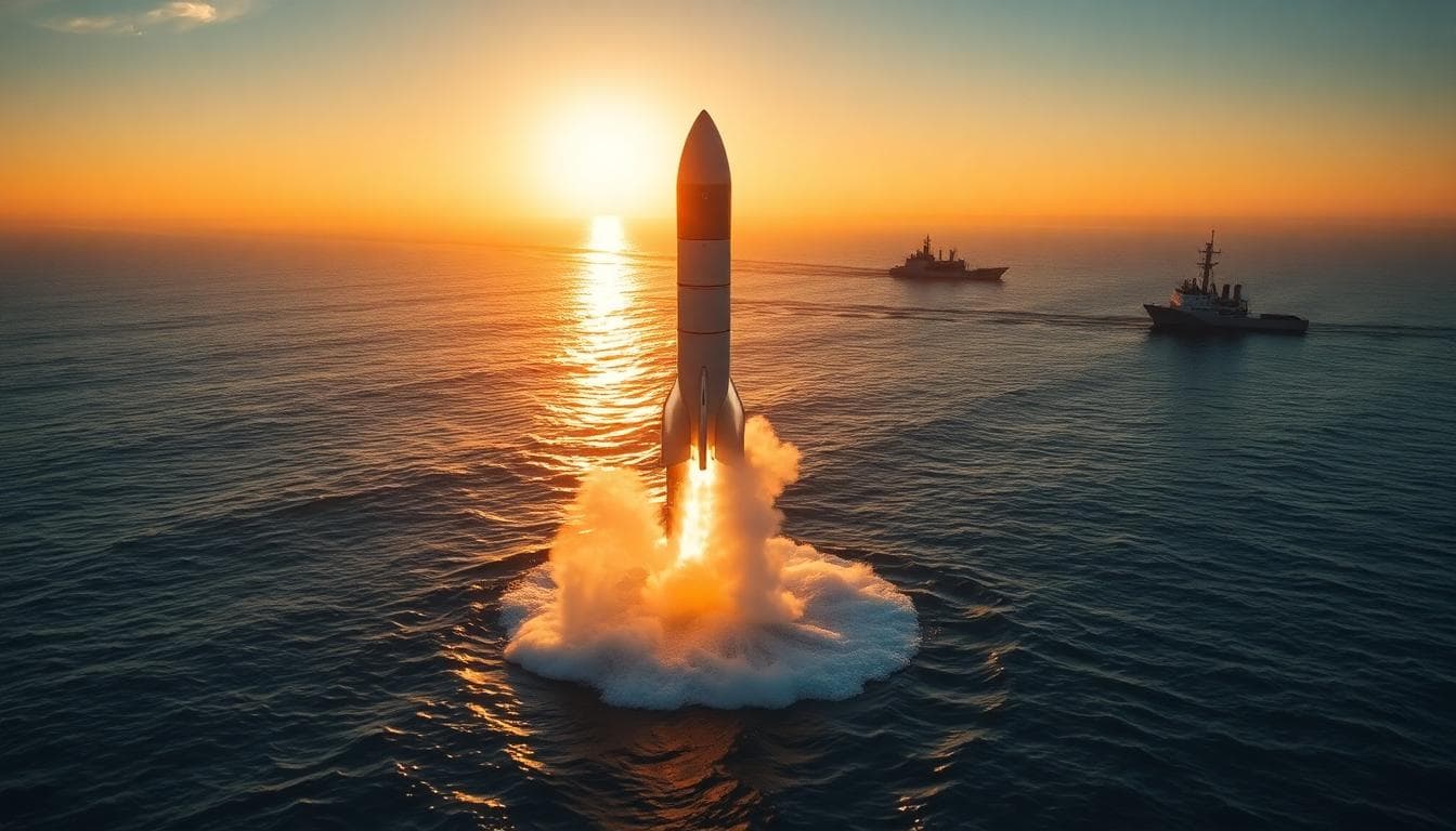 Super Heavy booster splashing down upright with support ships nearby