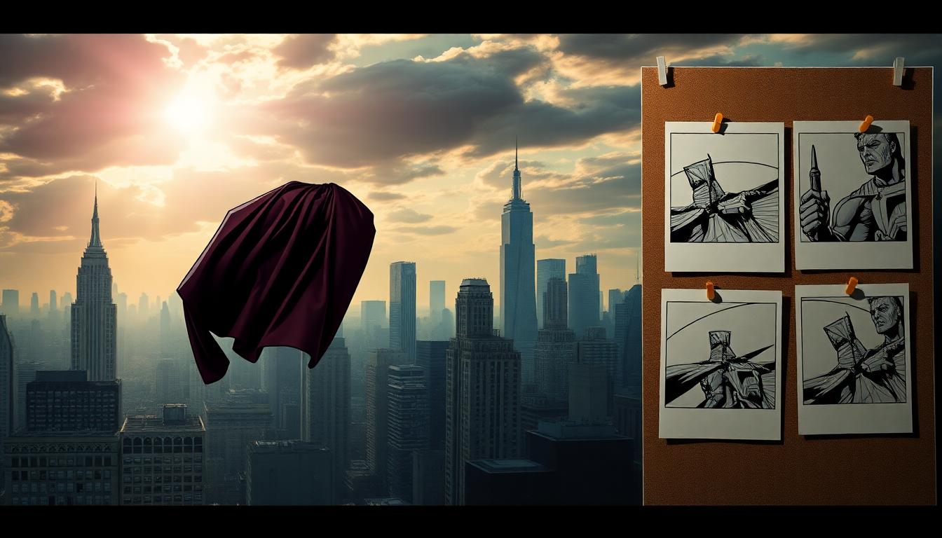 Channing Tatum Opens Up About a Canceled Superhero Project and Lessons From the Near-Miss 3 Stylized superhero concept art moodboard with storyboards and fabric swatches